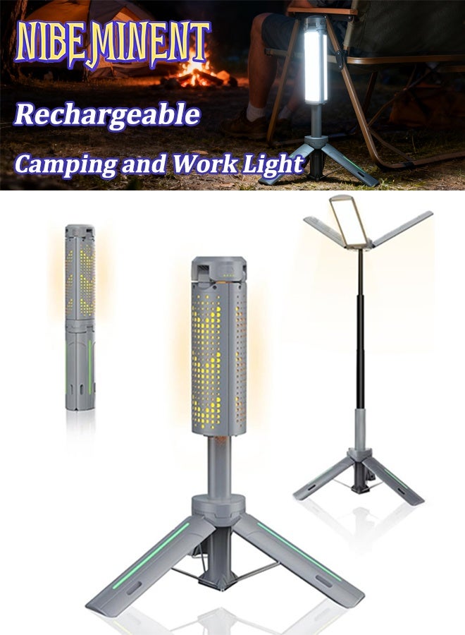 NIBEMINENT Rechargeable 8000mAh Camping and Work Light with Adjustable Stand 3.4 ft, 3000 Lumen Cordless Work Light Featuring 3 Adjustable Heads, Dimmable Emergency Flashlight with Telescopic Tripod - Image 1